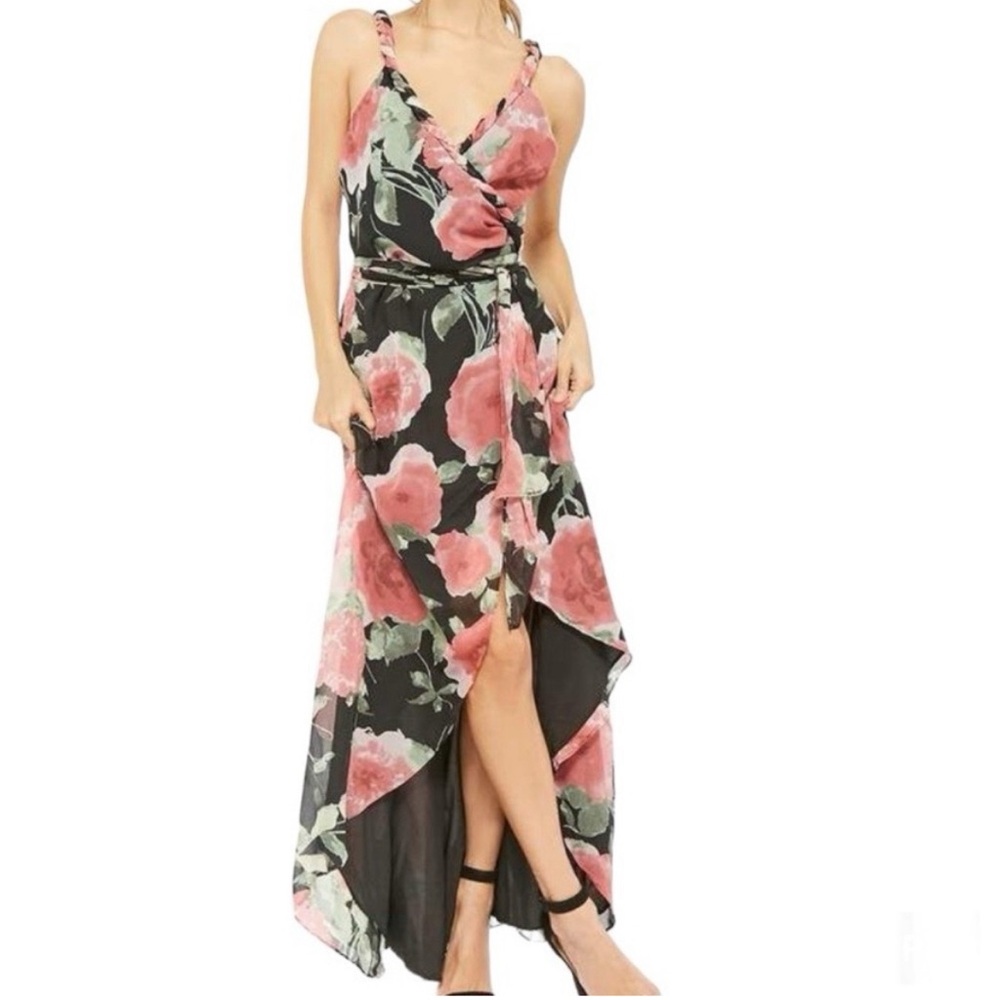 Luxxel Floral High Low Slit Maxi Wrap Dress Pink Black Small Boho Resort Party